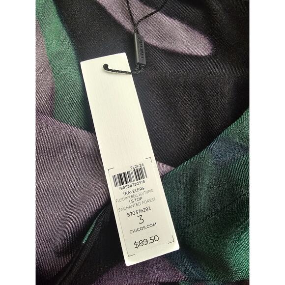 Chicos Travelers 3 Watercolor Bell Sleeve Tunic Fluid ink Enchanted Forrest new - Picture 9 of 11